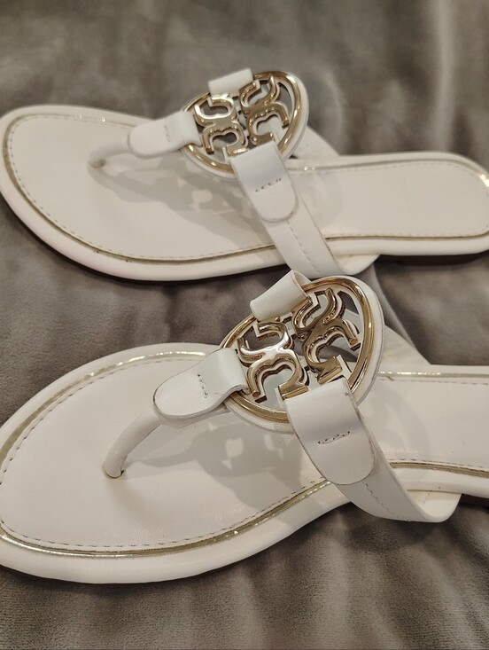 Tory Burch Shoes - Tory Burch White Leather Thong Sandals with Gold Logo Medallion